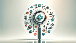 Professional thumbnail for a healthcare content strategy blog post. The image showcases a clean, white background with a central magnifying glass focusing on healthcare symbols like a stethoscope or medical cross. Surrounding this are abstract icons symbolizing digital marketing, such as social media and growth graphs