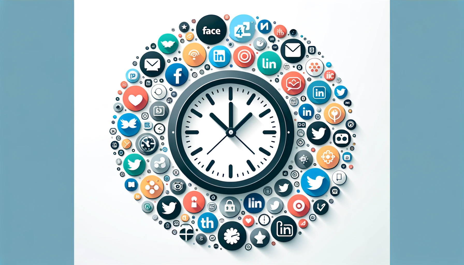 A graphic for blog post, "Discovering the Best Time of Day to Post on Social Media," featuring a central clock. Around the clock are icons of various social media platforms including Facebook, Twitter, and LinkedIn, representing the theme of time management in social media engagement.