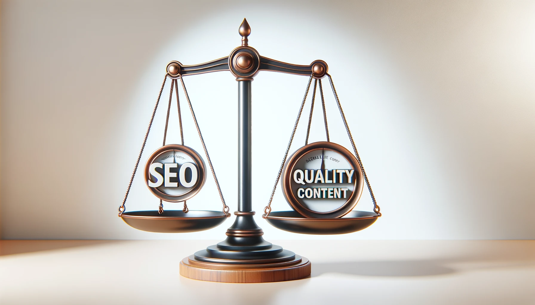 A balance scale with "SEO Content Keywords" on one side and "Quality Content" on the other
